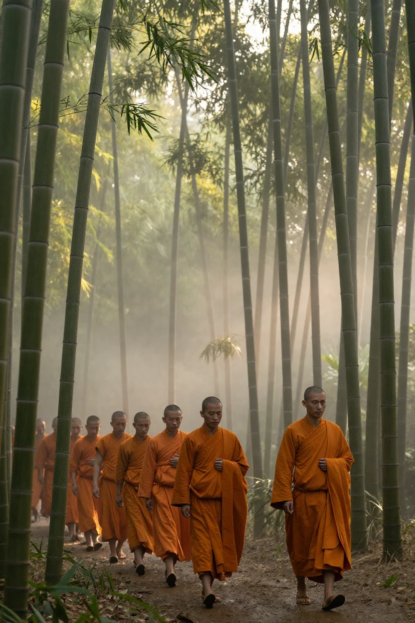 A group of monks in orange robes walking silently through a misty bamboo forest