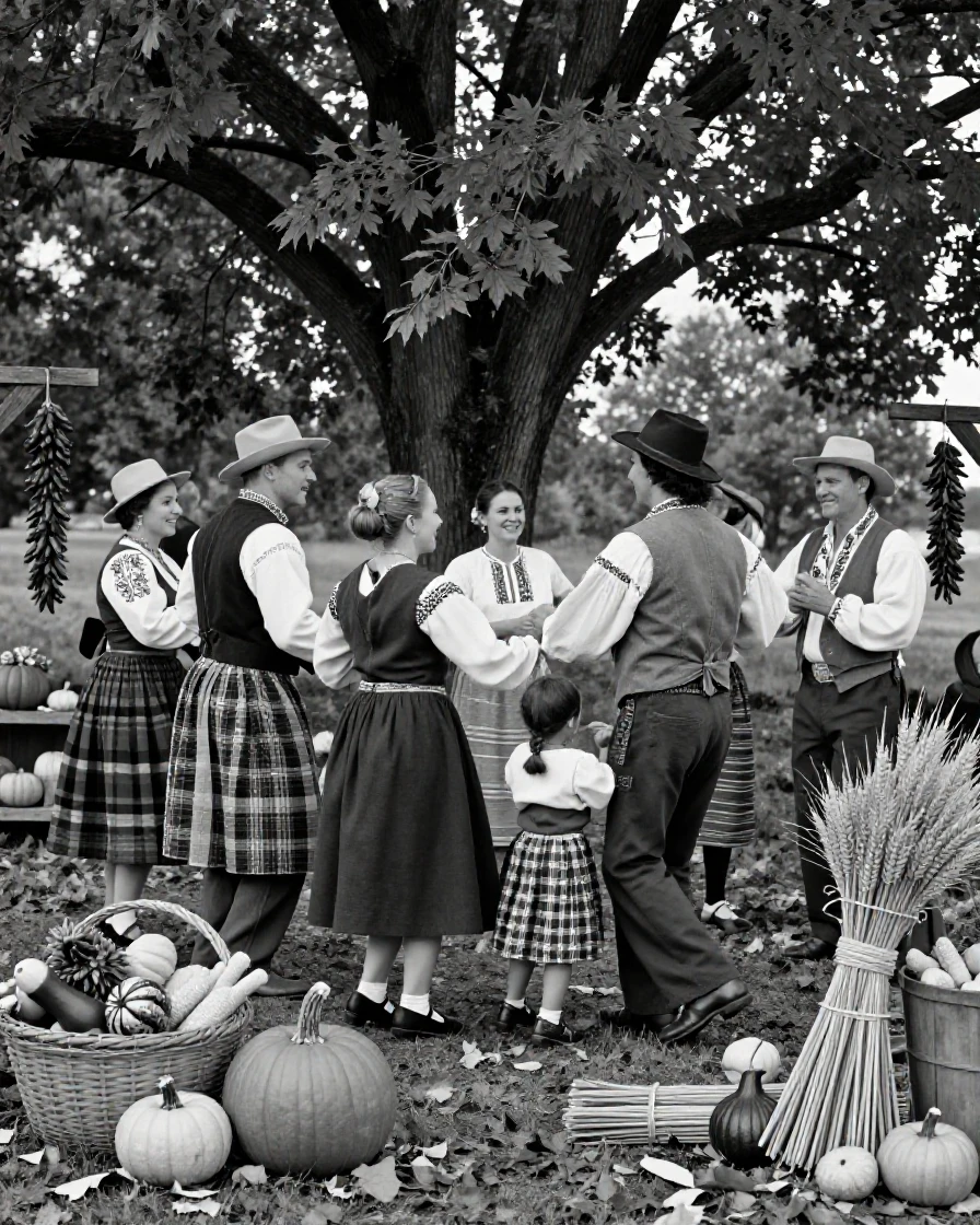Villagers in folk costumes celebrate a traditional harvest festival amid autumn harvest decorations.