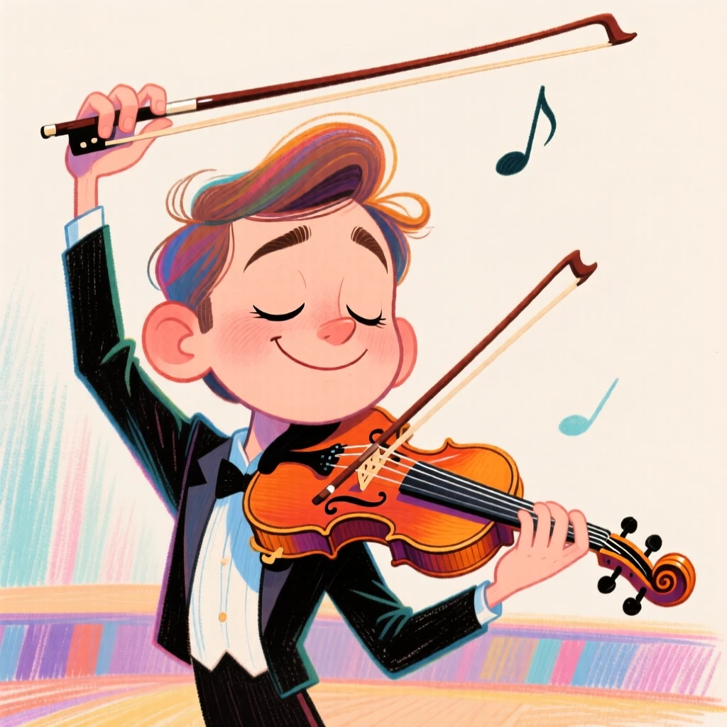 A young violinist mid-performance, eyes closed, bow arm dramatically raised.