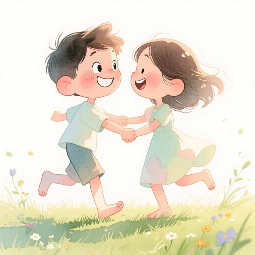 A young couple dancing barefoot in a sunlit meadow