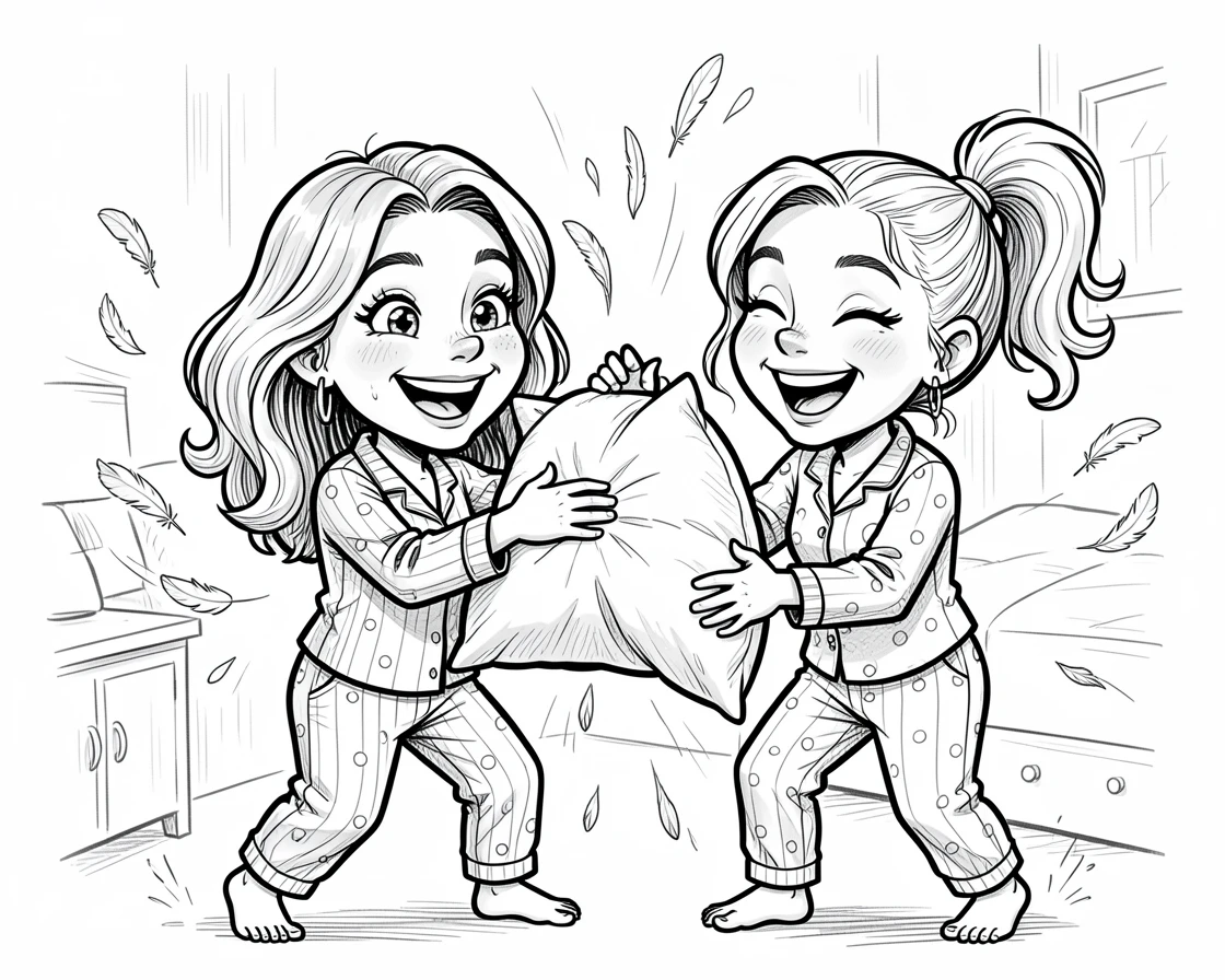 [Family & Relationship Moments] Heartwarming scene of sisters having a pillow fight in matching pajamas, radiating love and warmth