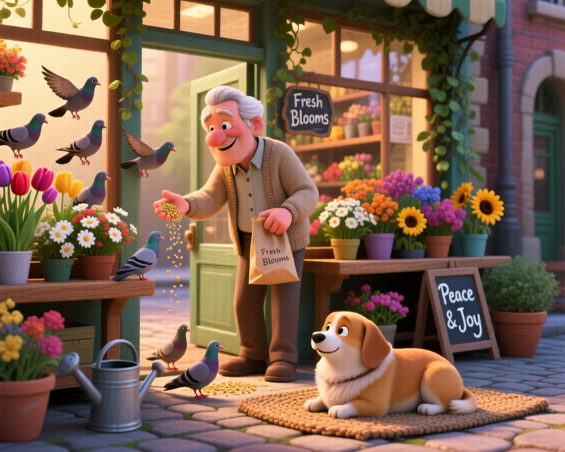 An elderly man feeding pigeons in a park is captured inside a small flower shop filled with color, with a friendly dog resting nearby. The mood is calm, familiar, and quietly delightful.