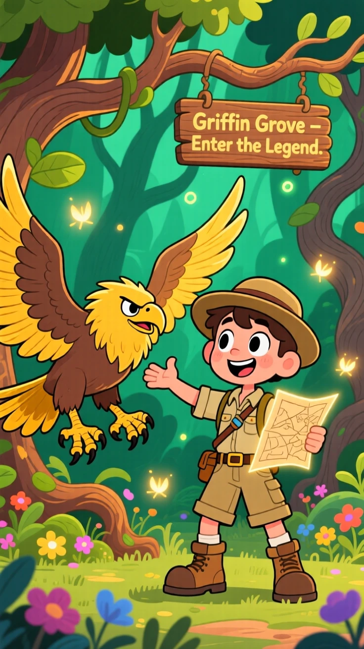 A treasure-hunting explorer taming a wild griffin in an enchanted forest.