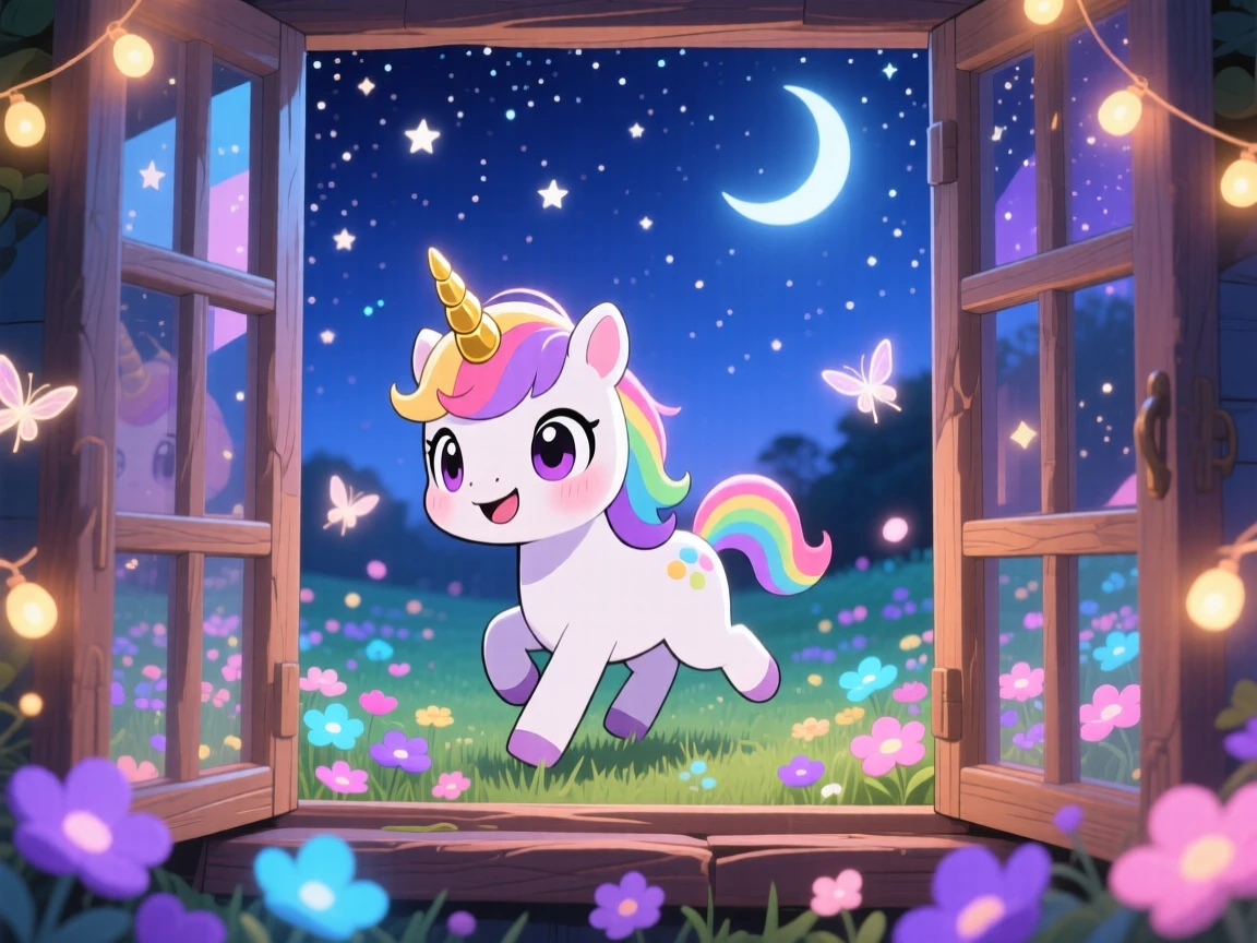Framed through a window: an unicorn foal, prancing through a field of glowing flowers, set against an enchanted meadow under a starry midsummer night sky, with warm fairy-light glow and a mood of proud determination.