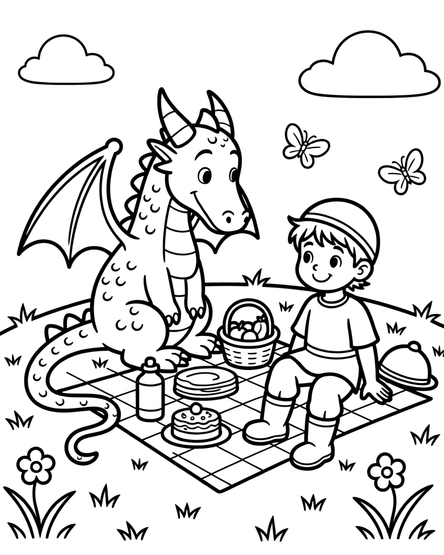 A dragon and a knight sharing a picnic on a hilltop
