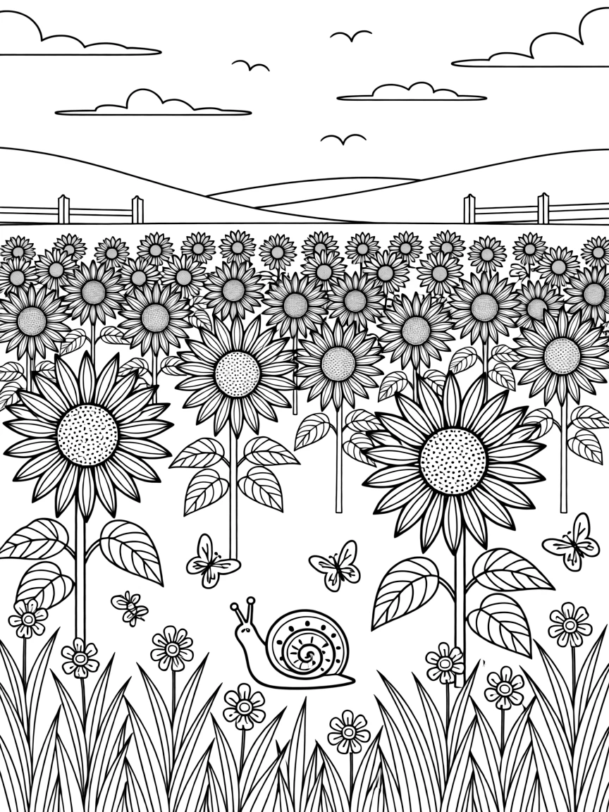 A sunflower field stretching to the horizon, with a small snail resting on a nearby stem.