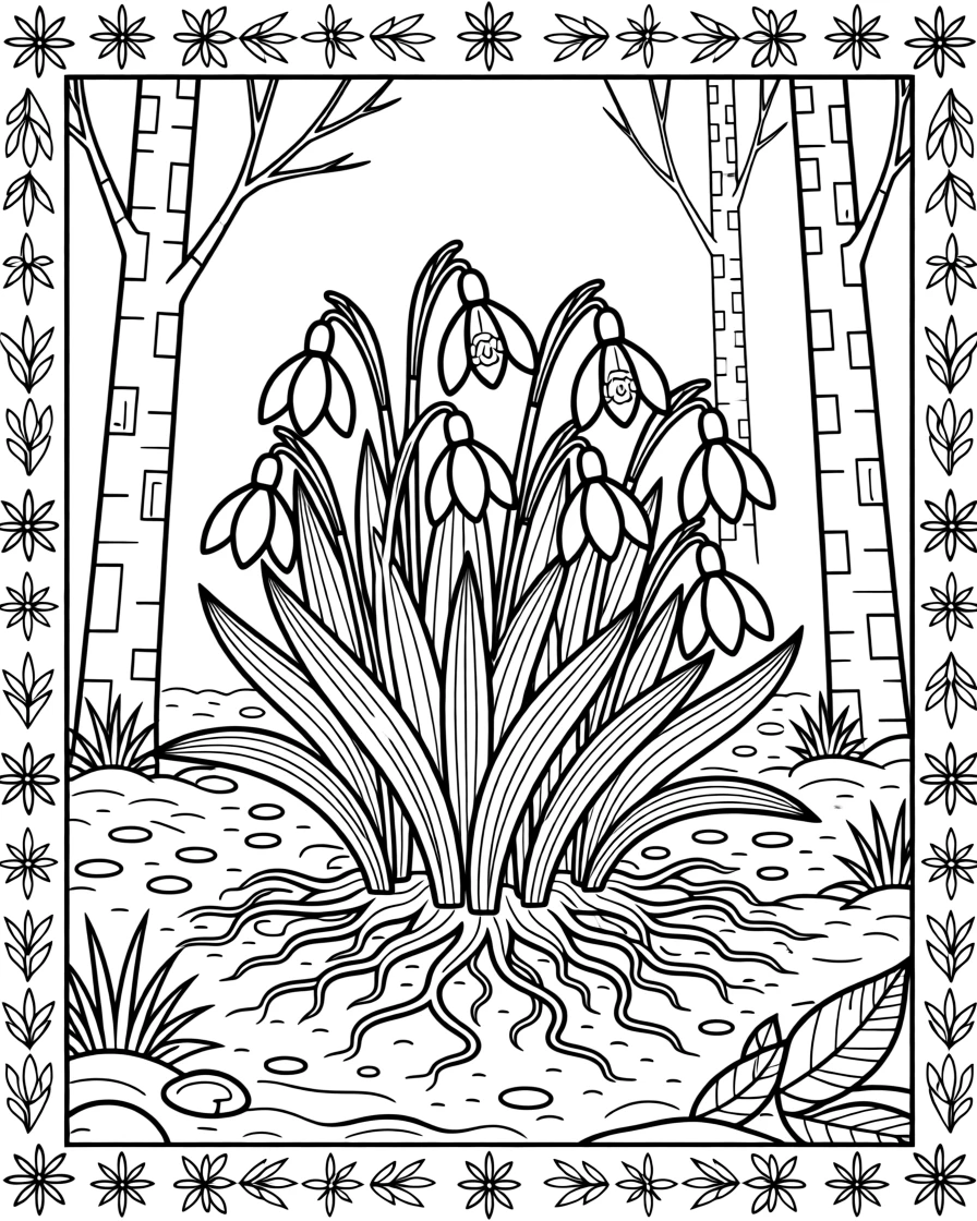 A patch of snowdrops pushing up through late winter frost.