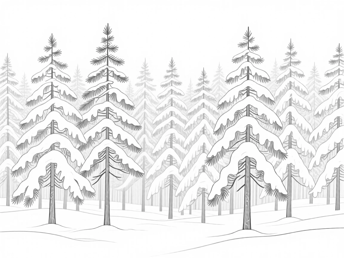 A dense pine forest blanketed in fresh snow