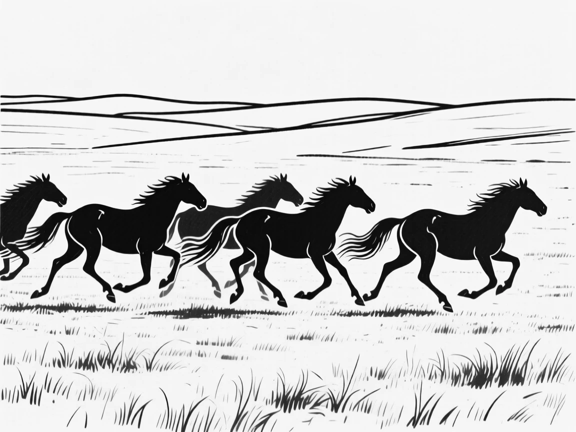 A herd of Przewalski's horses running across a steppe landscape.
