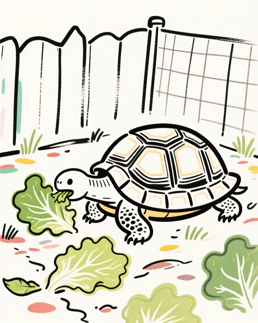 A pet tortoise munching on lettuce leaves in a garden enclosure.