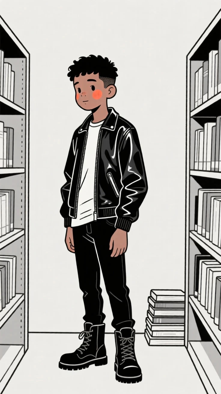 A teenage boy of Jamaican heritage in a leather jacket and boots, radiating quiet confidence, in a quiet library.