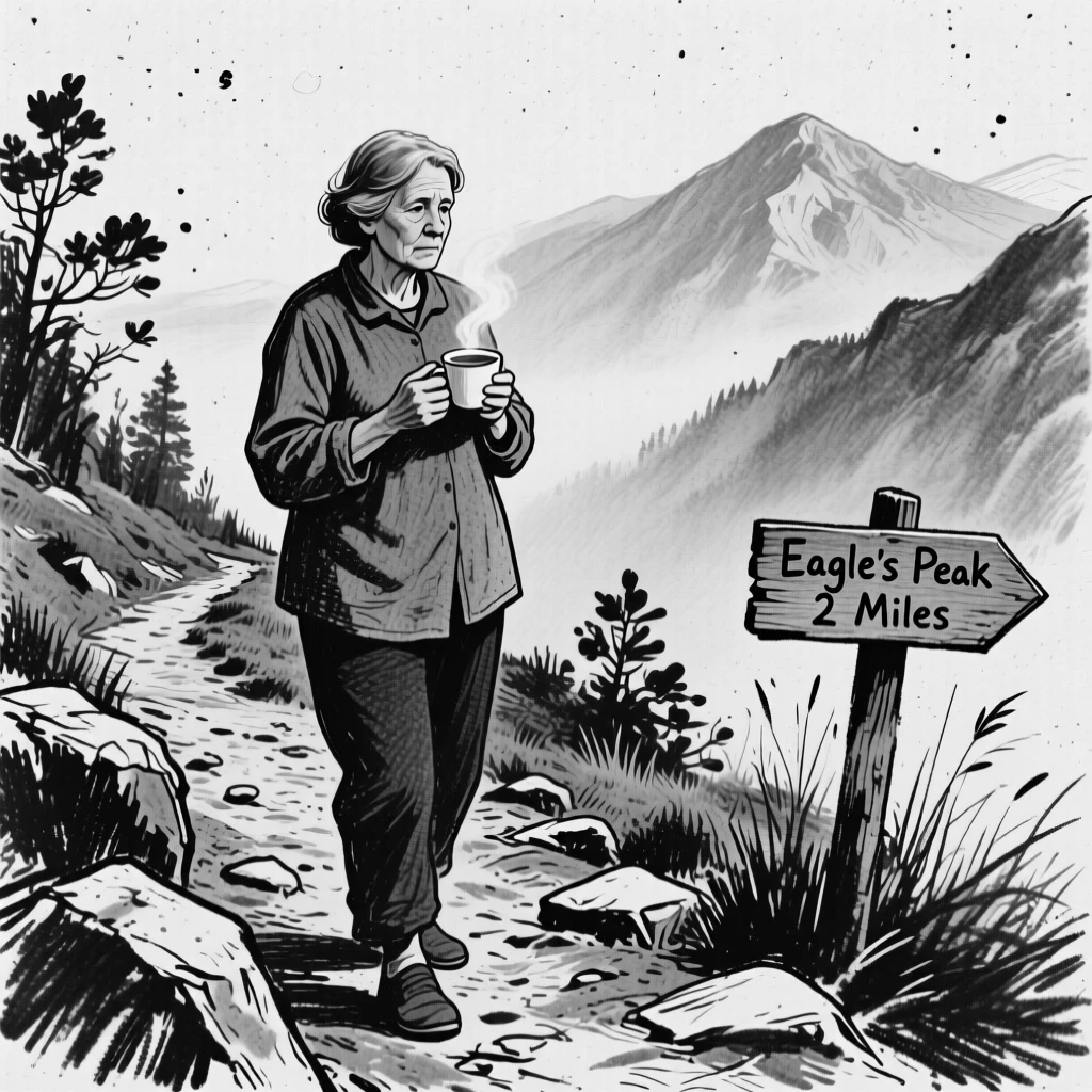 A librarian holding a cup of tea with both hands, lost in memory, on a mountain trail.
