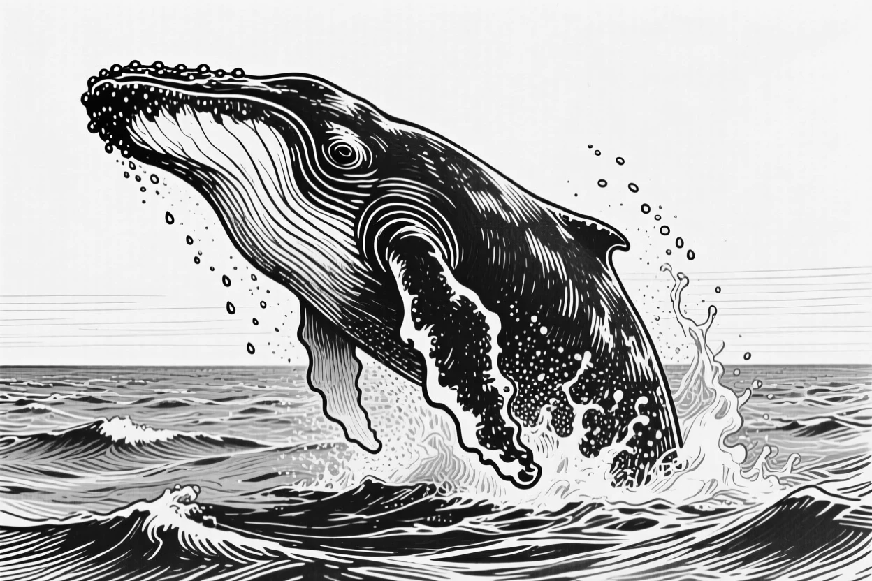 A humpback whale breaching dramatically above the surface of the open sea.