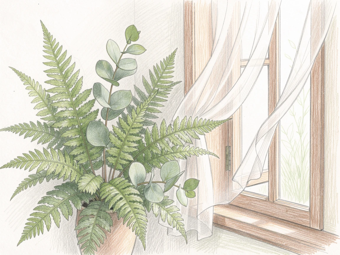 A botanical arrangement of ferns and eucalyptus leaves, placed beside an open window with sheer curtains drifting, perfect for a peaceful, feminine, and timeless aesthetic.