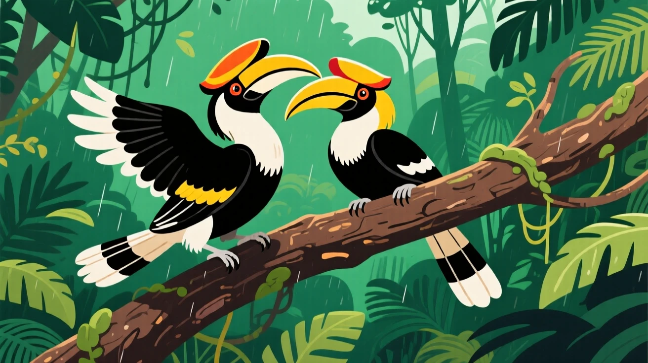 A pair of hornbills perched together on a jungle branch, set against a lush green rainforest backdrop, captured mid-motion with a dynamic diagonal composition, with a sense of playful curiosity captured perfectly.