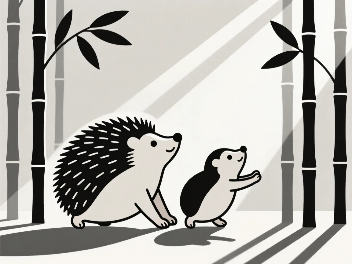 A hedgehog and its young stretching in the sun together in a bamboo grove, expressing wild freedom.