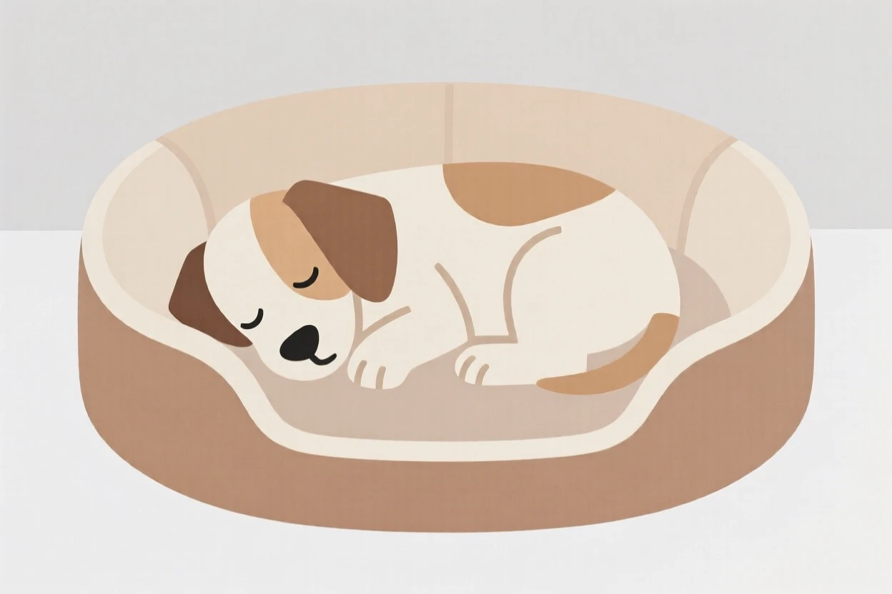 A puppy sleeping in a cozy dog bed