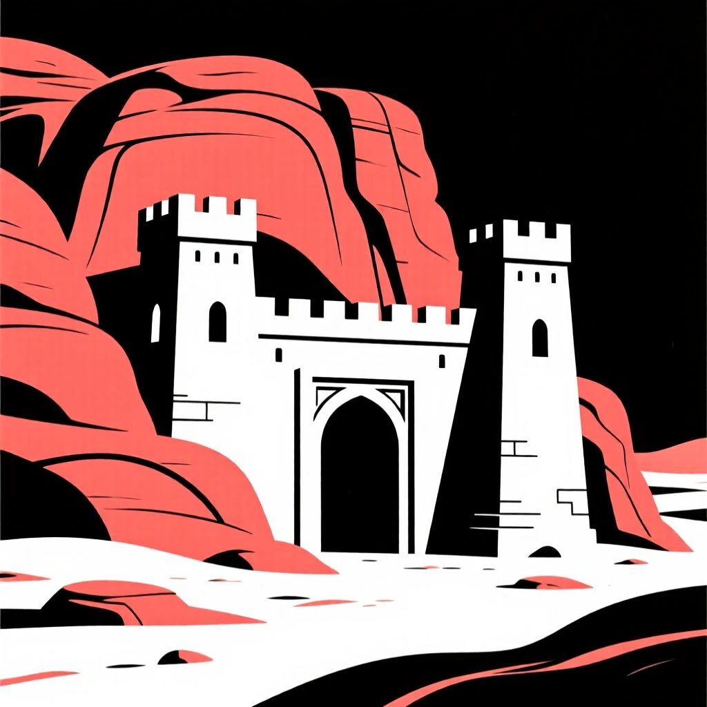 A desert fortress carved into red rock.