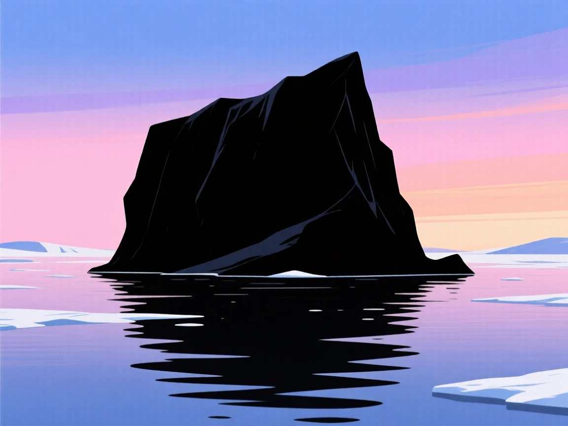A massive iceberg floating alone in calm arctic waters.