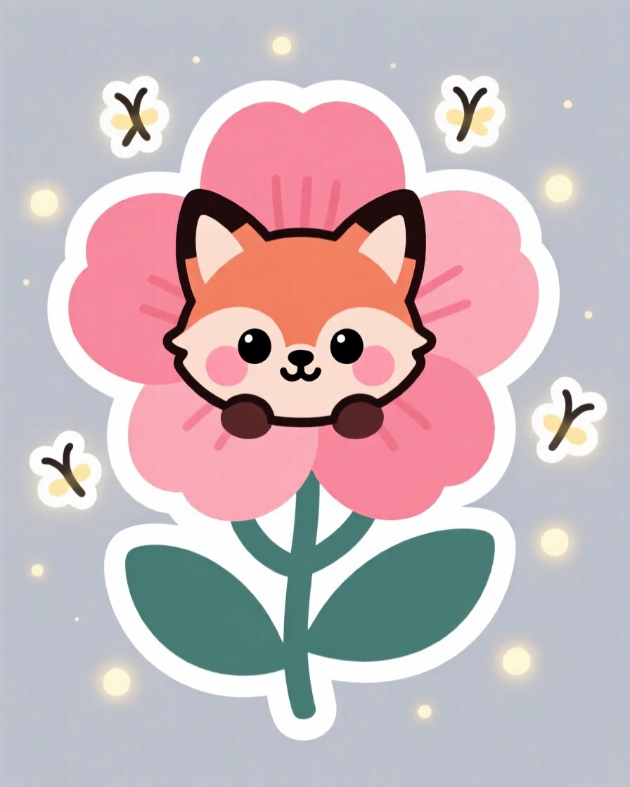 A rosy-cheeked baby fox peeking out from behind a giant flower, surrounded by softly glowing fireflies.