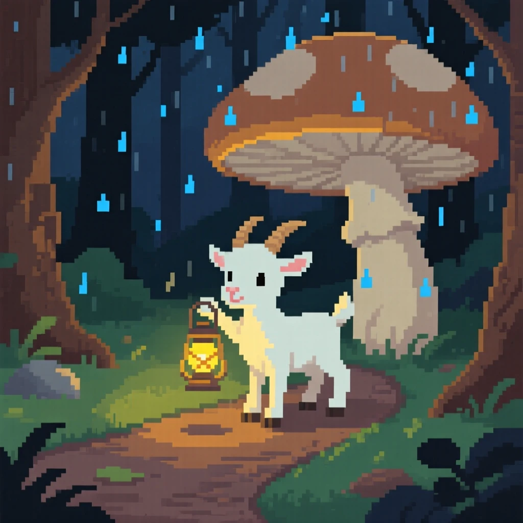 A baby goat holding a lantern on a dark forest path, under a giant mushroom during a soft rain.