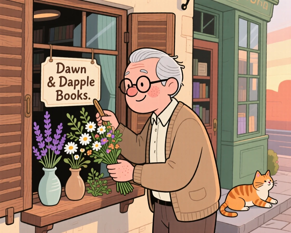 A elderly tailor opens the shutters of a small corner bookstore at dawn, arranging fresh bouquets in the window as a cat stretches on the doorstep.