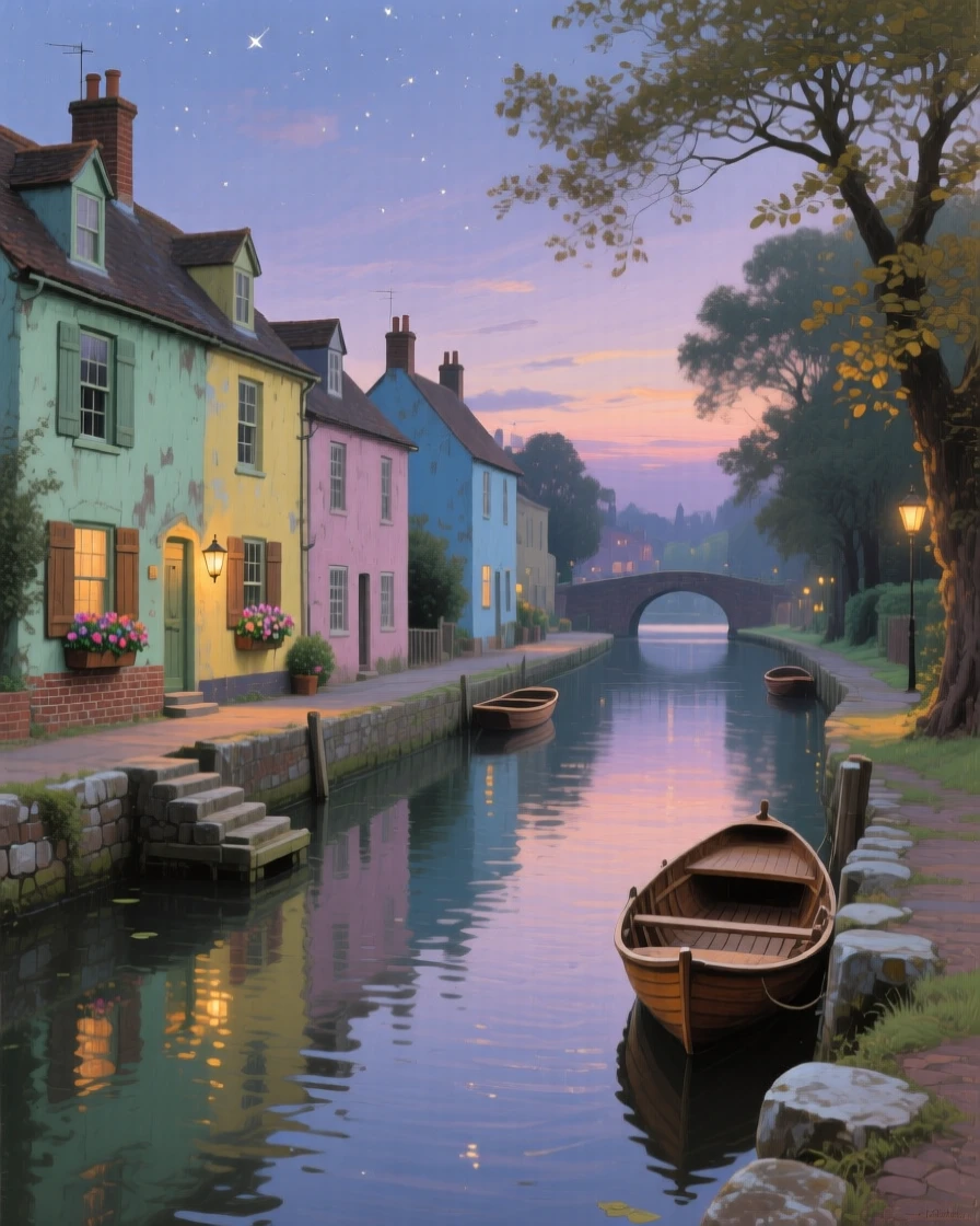 A wide establishing shot of a quiet canal lined with colorful houses and small wooden boats, in a small English village, at dusk.