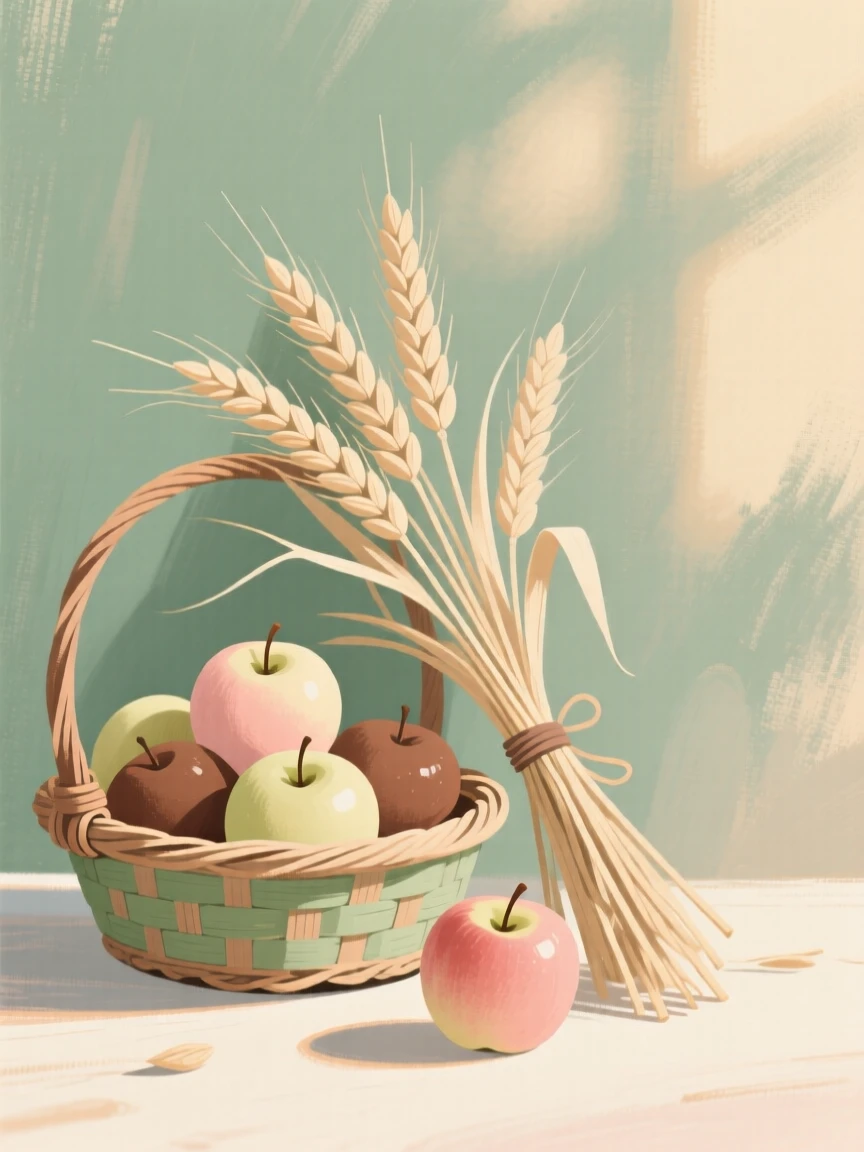 A bundle of wheat stalks tied together beside a basket of apples