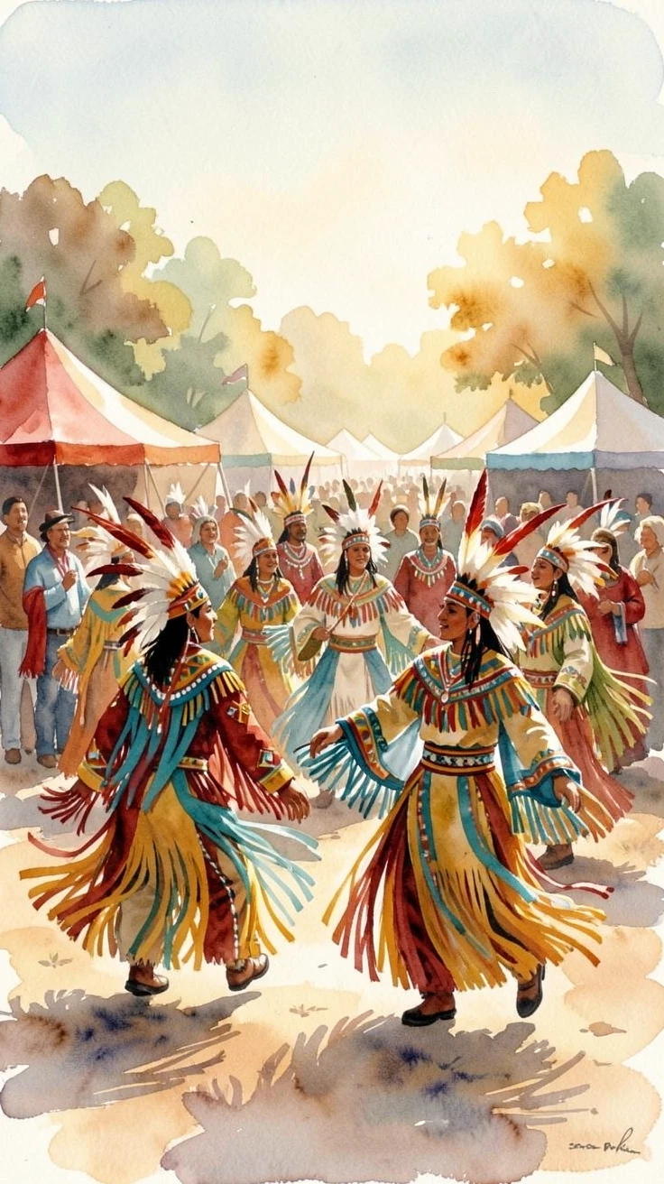 A Native American powwow with dancers in traditional regalia as the community gathers together in celebration.