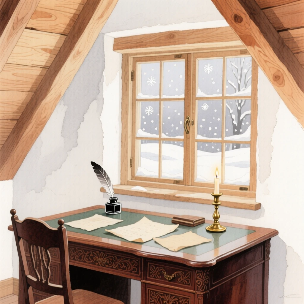 A cozy attic study with slanted wooden beams, an antique writing desk, and a view of snow falling outside the window
