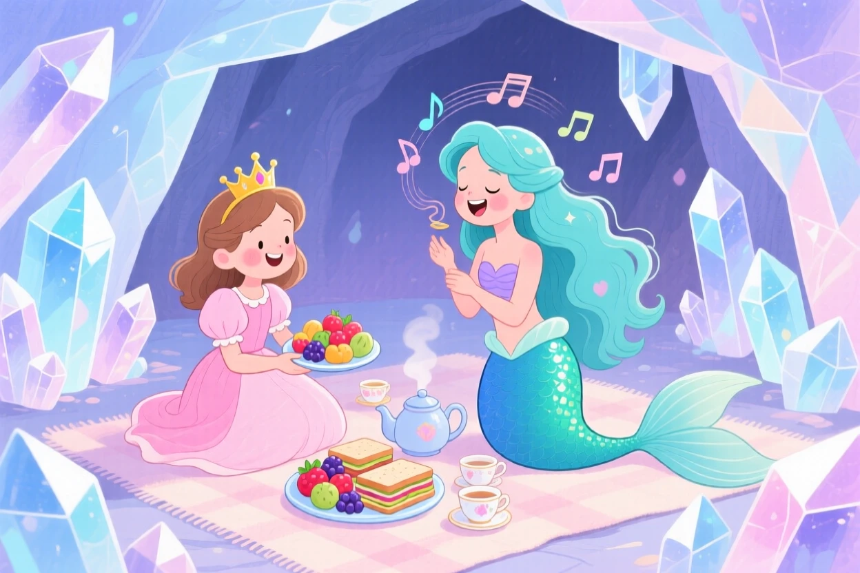 A little princess with a golden crown sharing a picnic with a singing mermaid inside a glowing crystal cave.