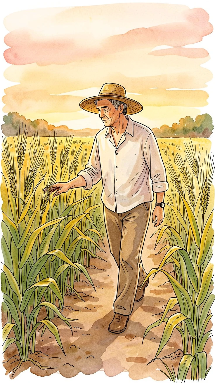 A farmer walking through rows of ripening crops at golden hour, hand brushing the tops of the plants