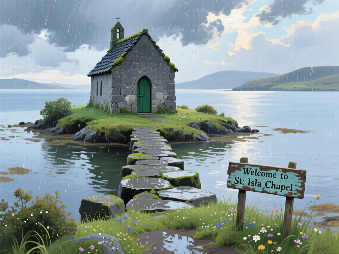 a small island chapel reached by a stone causeway, after a passing rain shower, with a balanced, spacious view of the surroundings.