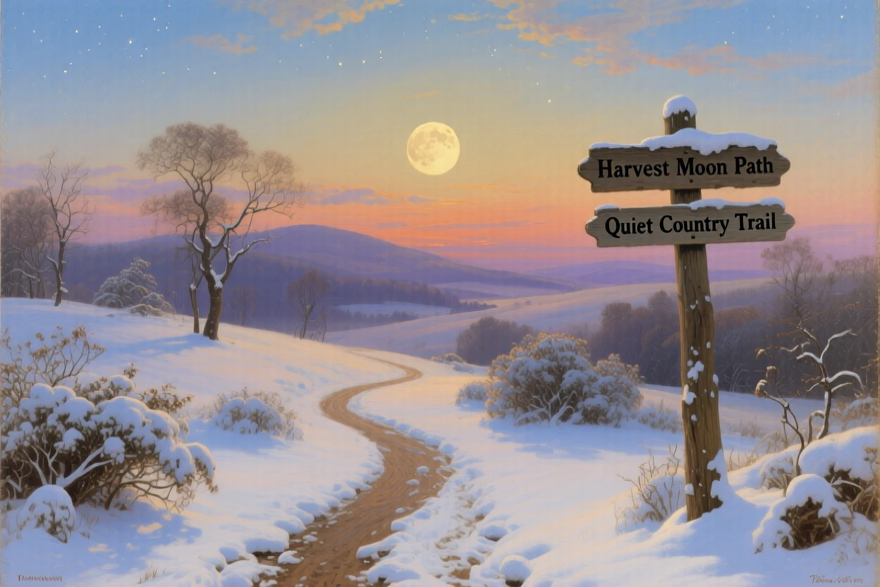 A blanket of fresh snow sway gently in a quiet countryside path as the harvest moon rises.