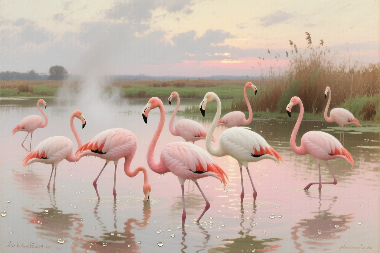 A flamingo flock wading through a shallow pink-hued lagoon, with water droplets or mist adding a sense of immediacy, celebrating the raw beauty and dignity of the animal kingdom
