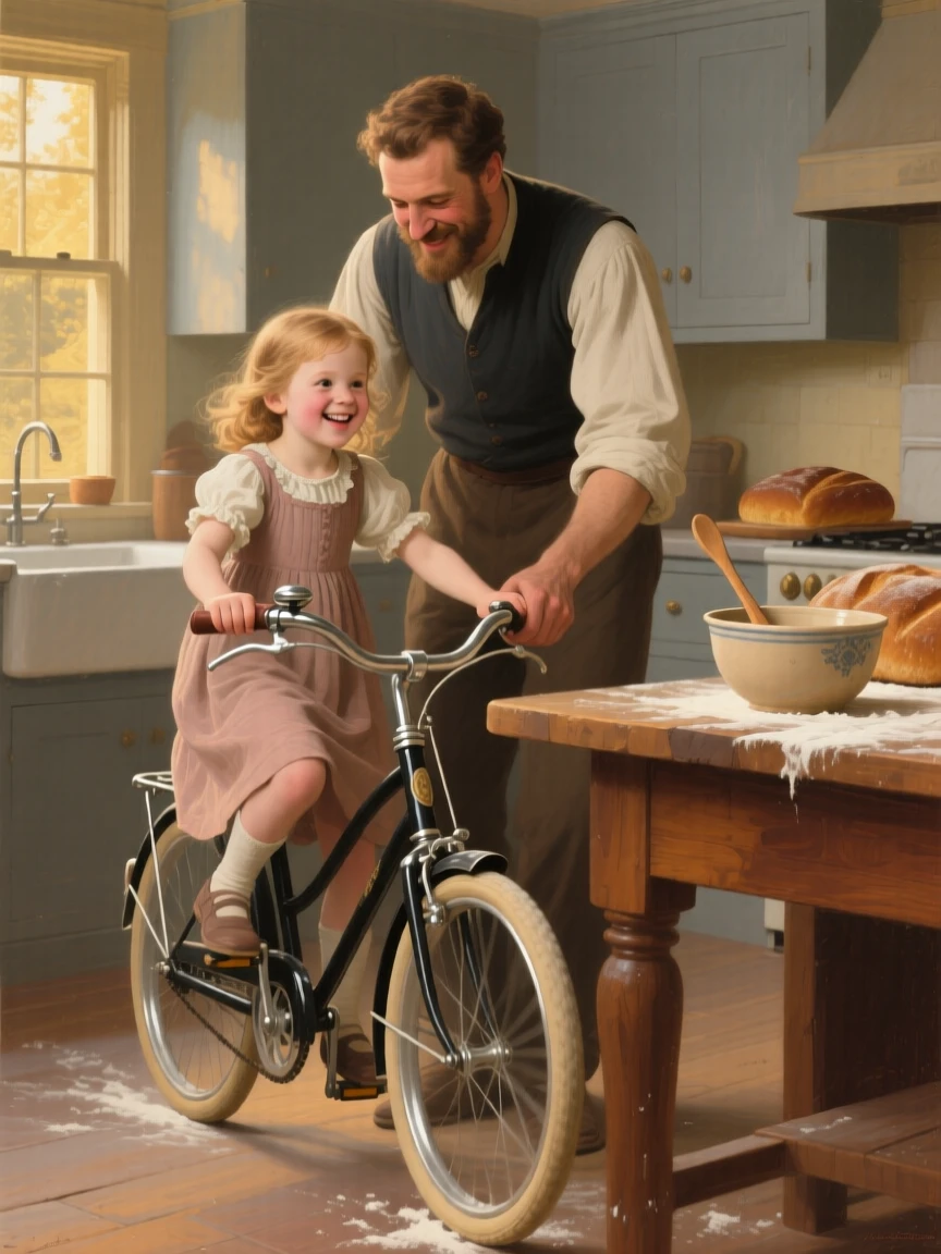 A father teaching his daughter to ride her first bicycle as laughter and love fill an otherwise ordinary afternoon, set within a warmly lit kitchen filled with the smell of baking, with soft golden light catching genuine, unguarded smiles; warm, low light wraps the family in a comforting glow, filled with gentle joy and quiet devotion.