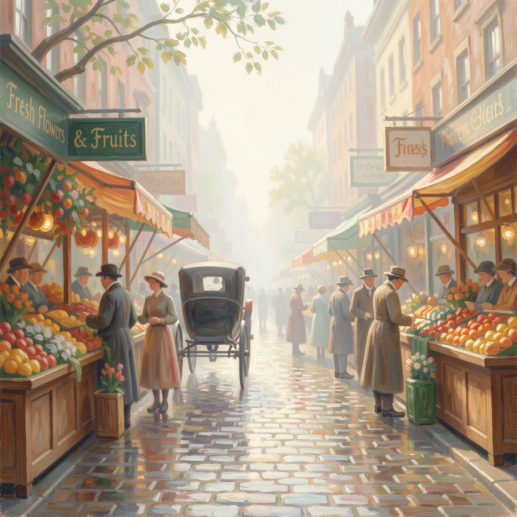 A bustling Victorian-era street market with horse-drawn carriages and vendors selling flowers and fruit.