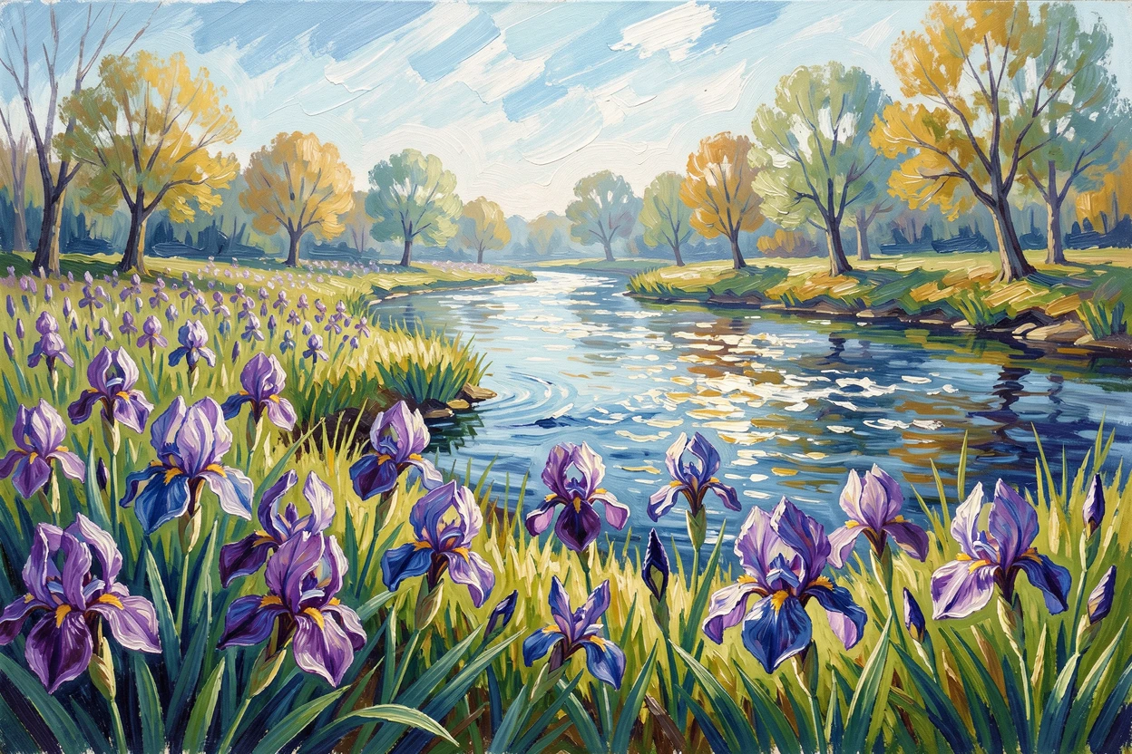 A field of wild irises blooming along a riverbank in early spring.