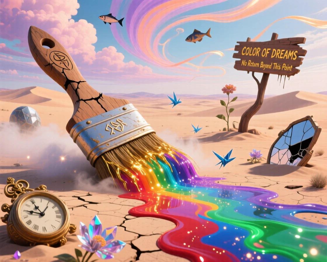 A giant paintbrush dragging a trail of color across a barren desert sits abandoned beneath a sky streaked with soft pastel clouds, as a soft mist curls around its enormous base.