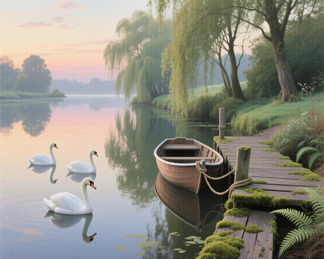 A quiet English river drifts past willow trees trailing in the current, a rowboat tied to a wooden dock, swans gliding silently across the mirror-calm water, patches of moss and undergrowth adding a sense of quiet detail underfoot.