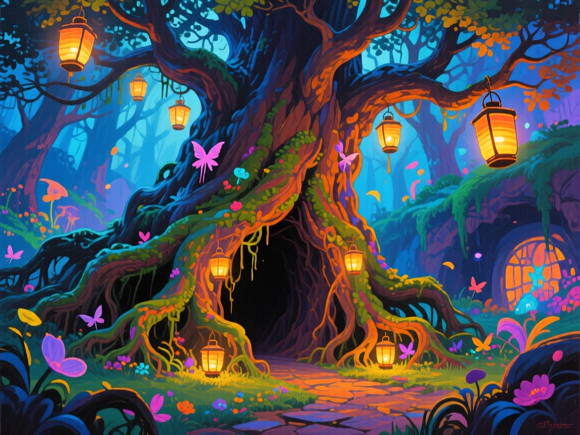 A massive tree whose roots form the entrance to an underground fairy kingdom lit by glowing lanterns