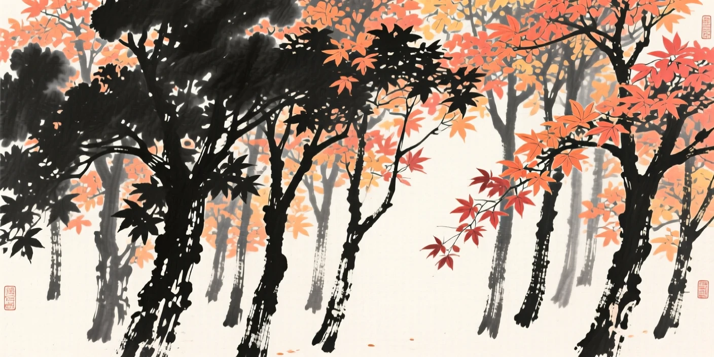 a thicket of maple trees at the height of autumn color, with sunlight filtering through the canopy.
