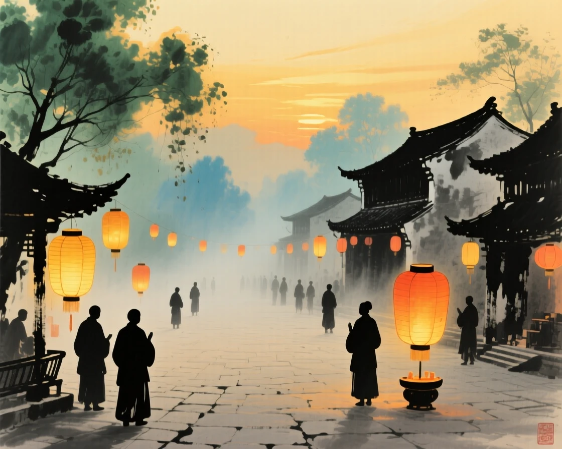 A lantern festival filling a village square with warm golden light, in the last golden light of day, through a light drifting mist, full of quiet reverence.