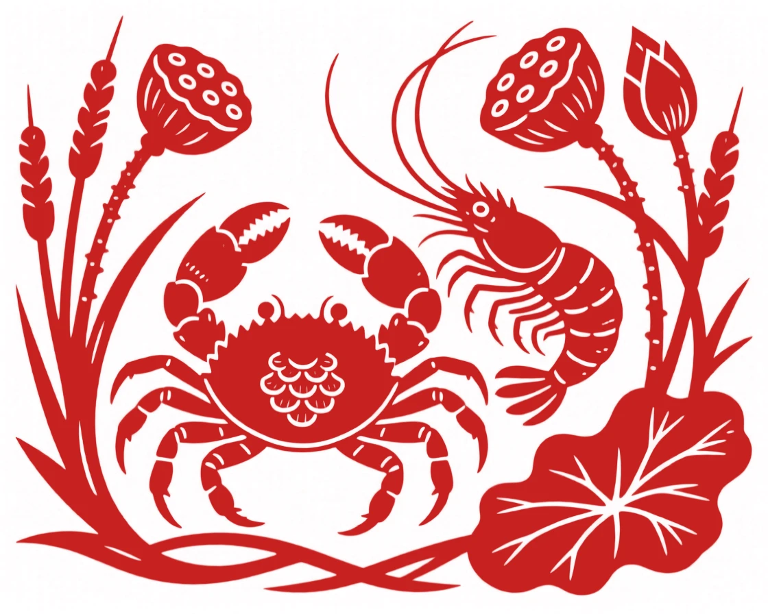 A crab and shrimp arranged among reeds and lotus pods, a traditional motif of prosperity and harmony