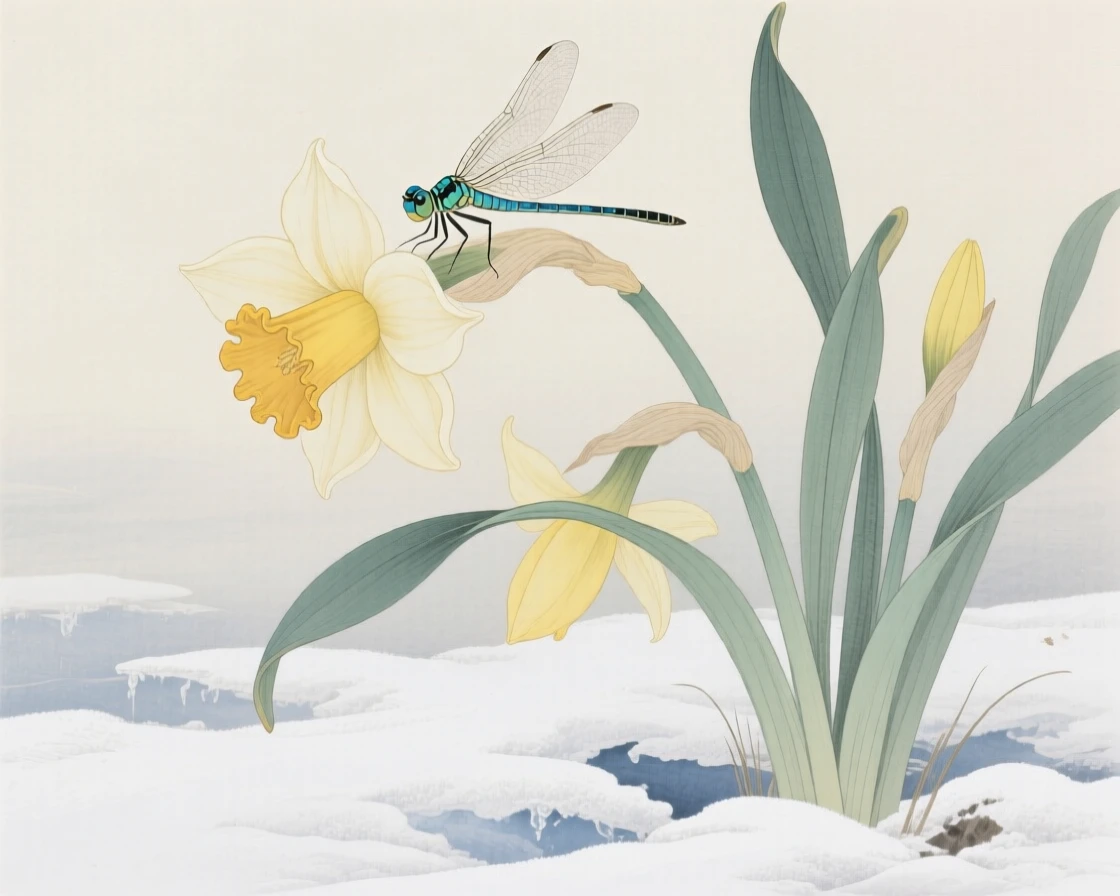 Daffodils pushing up through late winter snow with a single dragonfly resting on one petal