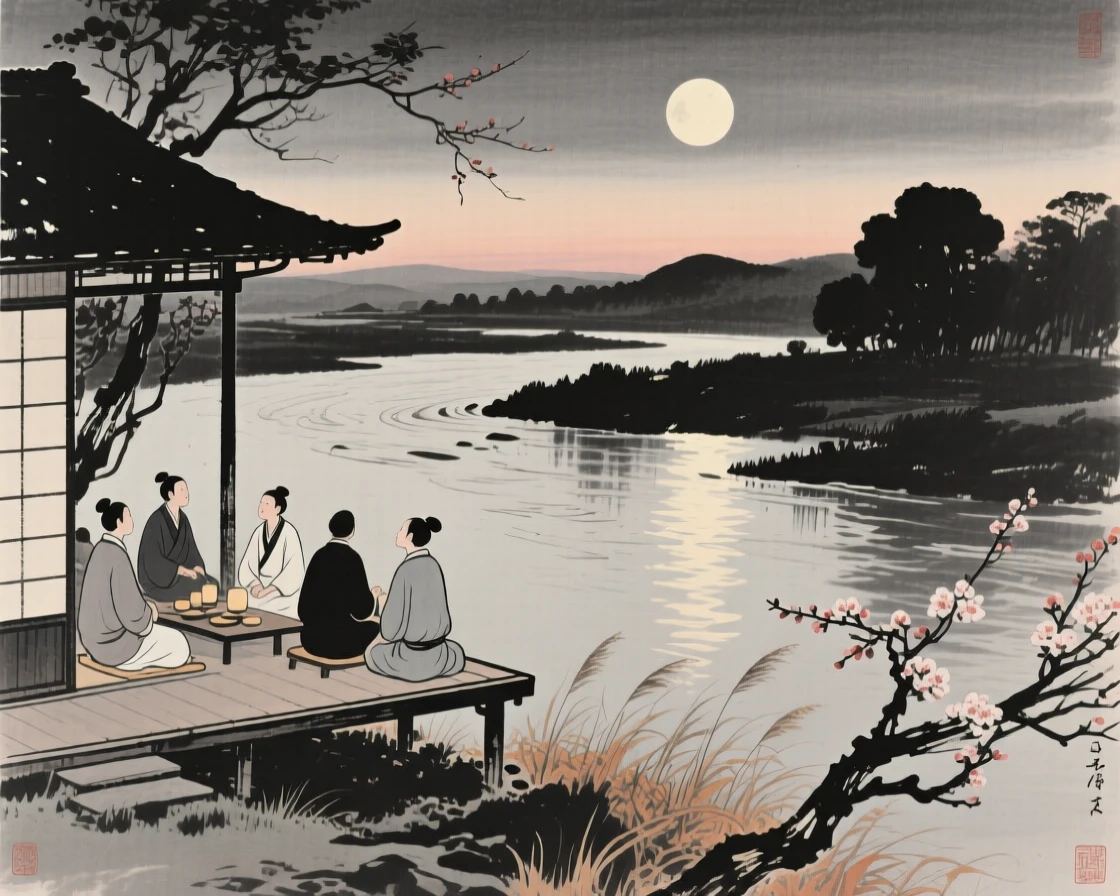A moon-viewing gathering on a quiet garden terrace beside a slow-moving river at dusk, framed to capture both intimate detail and the wider atmosphere, conveying cozy stillness and seasonal wonder.