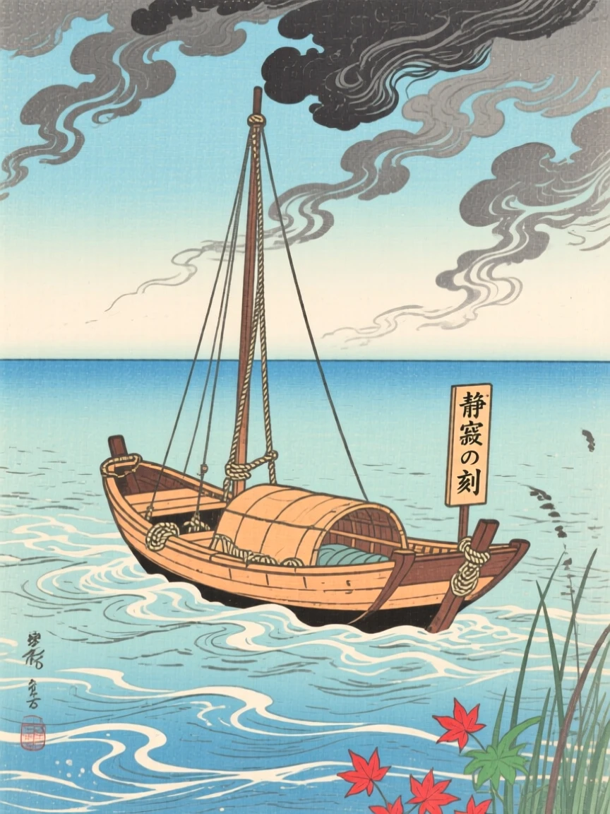 A small wooden fishing boat as a storm gathers on the horizon, beneath a clear midday sky.