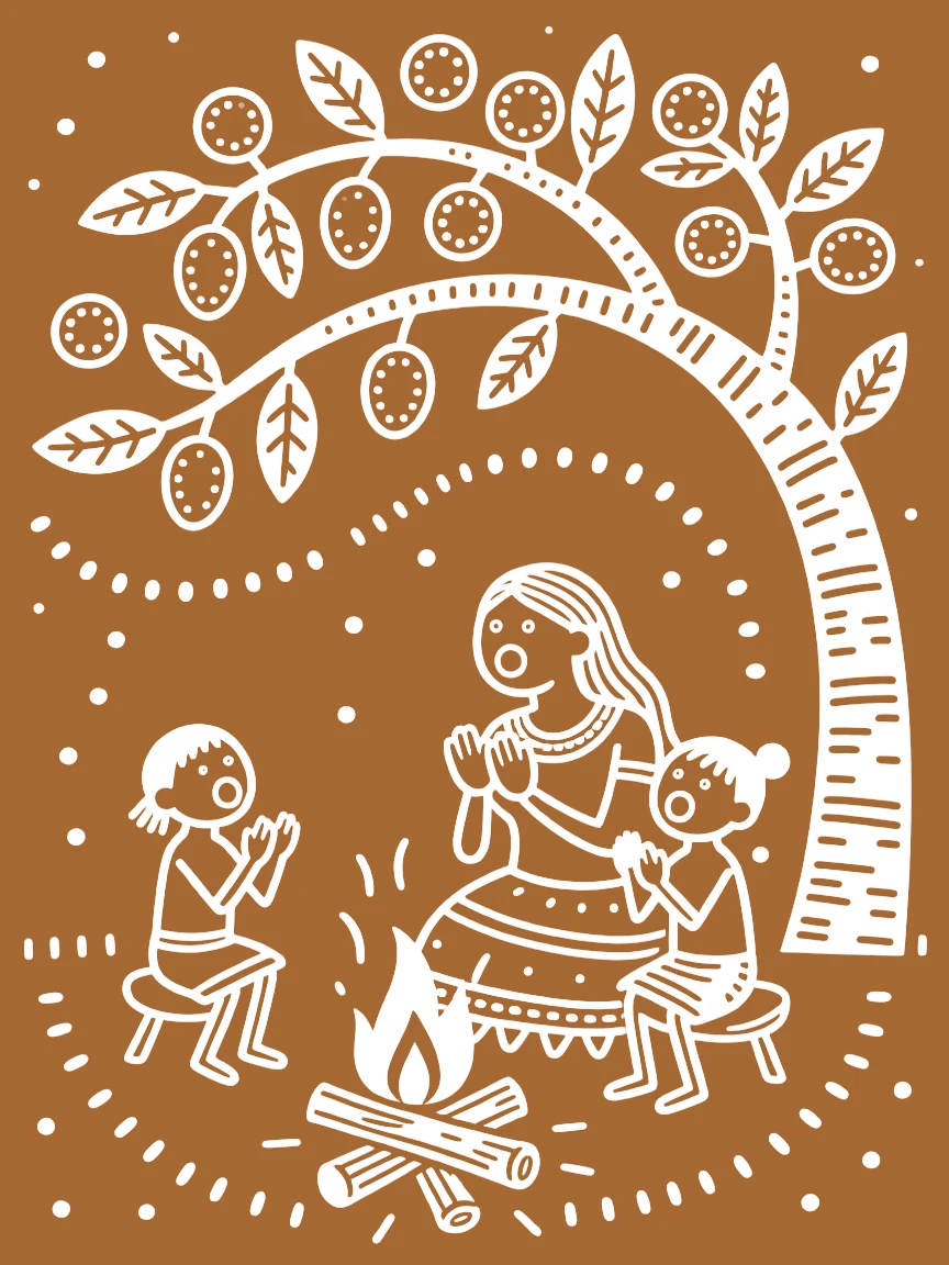 A mother singing together around a fire under the shade of a mango tree.