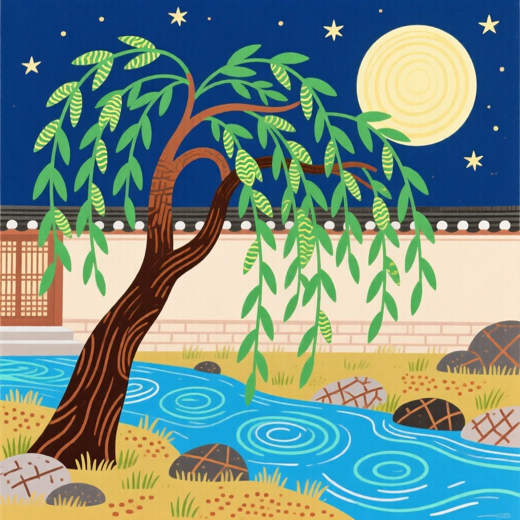 A willow tree bending over a quiet stream in a moonlit courtyard.