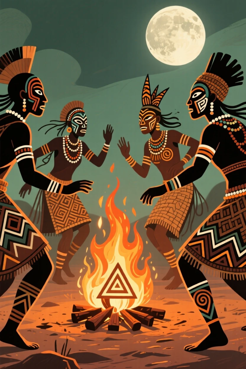 A full moon ceremony with dancers circling a bonfire.